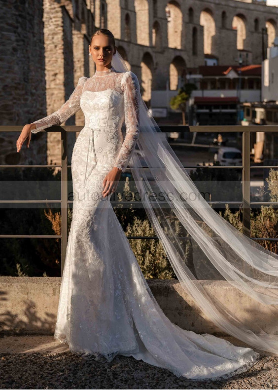 High Neck Beaded Ivory Lace Tulle Luxurious Wedding Dress High Neck Beaded Ivory Lace Tulle Luxurious Wedding Dress